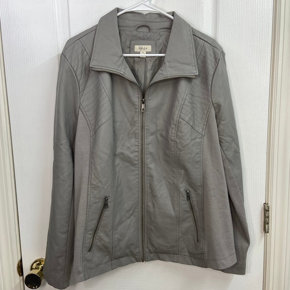 Style & Co gray faux leather full zip pocket moto stretch jacket neutral‎ XXL